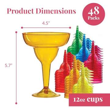 Prestee Multicolor Disposable 48 Plastic Margarita Glasses - 12 oz Hard Cocktail Cups for Cinco de Mayo Fiesta, Taco Party and Mexican Decorations - Fiesta Party Decorations - Large (Pack of 48)