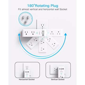 Surge Protector Outlet Extender - with Rotating Plug, 6 AC Multi Plug Outlet with 3 USB Ports (1 USB C), 1800J Wall Charger, 3-Sided Power Strip with Spaced Outlet Splitter for Home, Office, Travel