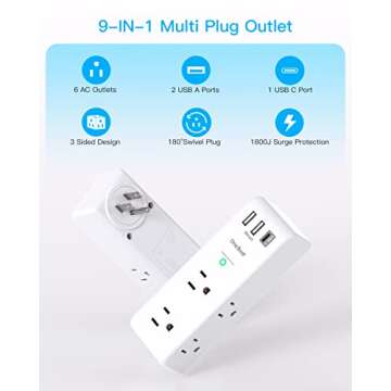 Surge Protector Outlet Extender - with Rotating Plug, 6 AC Multi Plug Outlet with 3 USB Ports (1 USB C), 1800J Wall Charger, 3-Sided Power Strip with Spaced Outlet Splitter for Home, Office, Travel