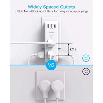 Surge Protector Outlet Extender - with Rotating Plug, 6 AC Multi Plug Outlet with 3 USB Ports (1 USB C), 1800J Wall Charger, 3-Sided Power Strip with Spaced Outlet Splitter for Home, Office, Travel