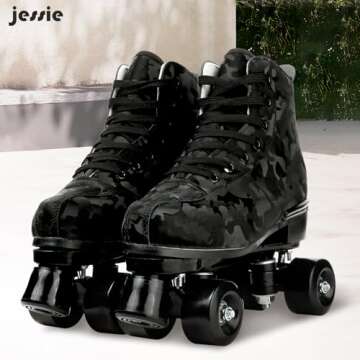 Womens Roller Skates Classic High-top Roller Skates Four-Wheel Roller Skates Shiny Camouflage Roller Skates for Adult Youth Boys Girls Outdoor with Shoes Bag (Black camo,41-US:9)