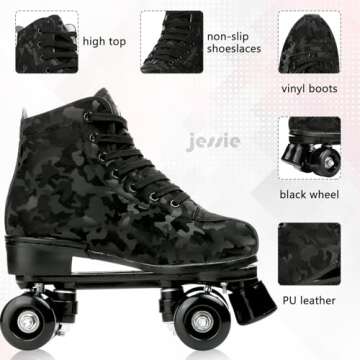 Womens Roller Skates Classic High-top Roller Skates Four-Wheel Roller Skates Shiny Camouflage Roller Skates for Adult Youth Boys Girls Outdoor with Shoes Bag (Black camo,41-US:9)