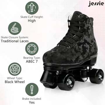 Womens Roller Skates Classic High-top Roller Skates Four-Wheel Roller Skates Shiny Camouflage Roller Skates for Adult Youth Boys Girls Outdoor with Shoes Bag (Black camo,41-US:9)