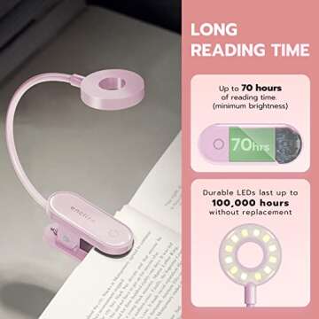 enclize Book Light for Reading in Bed,Rechargeable LED Reading Light with Stepless Brightness & 3 Color Temperature, Easy Clip On Reading Lamp for Reading at Night in Bed for Bookworms,Students，Pink