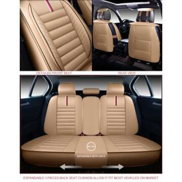 OASIS AUTO Car Seat Covers Premium Waterproof Faux Leather Cushion Universal Accessories Fit SUV Truck Sedan Automotive Vehicle Auto Interior Protector Full Set (OS-001 Tan)