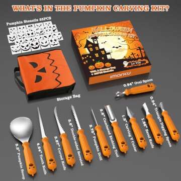 imarku Halloween Pumpkin Carving Kit, 10 PCS Professional Carving Knife with Unique Storage Bag and 25 PCS Pumpkin Carving Stencils, Stainless Carving Tools for Halloween Decorations, Home Essentials