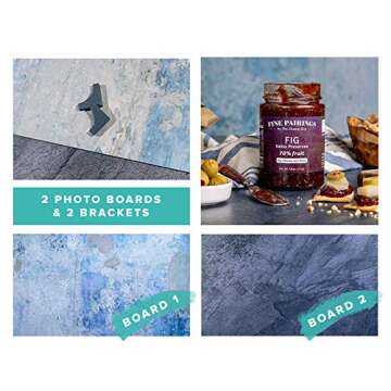 SnapIt Boards Combo-2 Boards & Bracket-Photo Backdrop Boards for Flat Lay or Food Photography Background, Durable Waterproof Realistic Photo Backgrounds for Product Photography 26x20 (The Blues Pack)