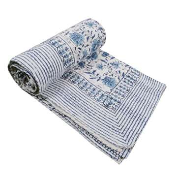 V Vedant Designs Indian Handmade Kantha Quilt New Beautiful Floral Print Kantha Bed Cover Kantha Throw Twin Cotton Blanket Gudari (Blue&White)