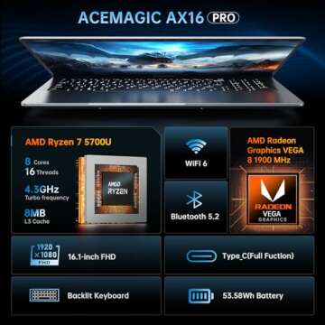 ACEMAGIC Laptop Computer AMD Ryzen 7 5700U Gaming Laptop 16GB DDR4 512GB M.2 2280 NVMe SSD Windows Laptop Office Laptops Home Laptops Windows11 16.1-inch IPS FHD WIFI6 BT5.2 HDMI Type-C USB3.2