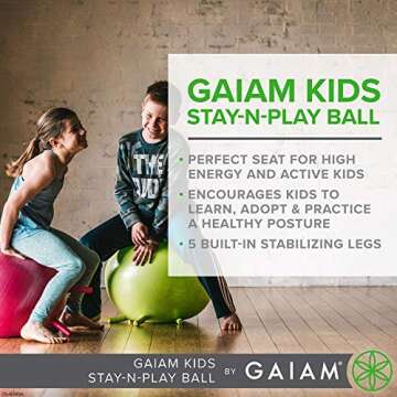 Gaiam Kids Stay-N-Play Children's Balance Ball, Flexible School Chair Active Classroom Desk Alternative Seating, Built-In Stay-Put Soft Stability Legs, Includes Air Pump, 52cm, Lime