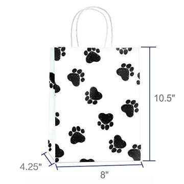 BagDream Gift Bags 8x4.25x10.5 Kraft Paper Retail Grocery Bags, Animal Party Favor Paw Prints Gift Bags with Handles, Dog's Paw Print White Bags 25Pcs