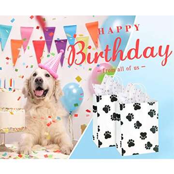 BagDream Gift Bags 8x4.25x10.5 Kraft Paper Retail Grocery Bags, Animal Party Favor Paw Prints Gift Bags with Handles, Dog's Paw Print White Bags 25Pcs