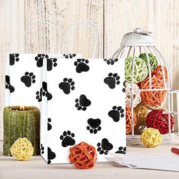 BagDream Gift Bags 8x4.25x10.5 Kraft Paper Retail Grocery Bags, Animal Party Favor Paw Prints Gift Bags with Handles, Dog's Paw Print White Bags 25Pcs