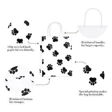 BagDream Gift Bags 8x4.25x10.5 Kraft Paper Retail Grocery Bags, Animal Party Favor Paw Prints Gift Bags with Handles, Dog's Paw Print White Bags 25Pcs