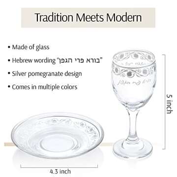 SURI Hand Painted Glass Kiddush Cup Set with Silver Pomegranates, Modern Shabbat Wine Kiddish Glass Goblet with Tray, Jewish Kitchen Wares and Gifts