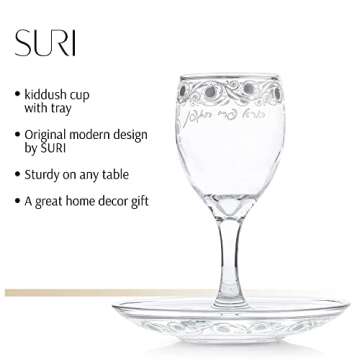 SURI Hand Painted Glass Kiddush Cup Set with Silver Pomegranates, Modern Shabbat Wine Kiddish Glass Goblet with Tray, Jewish Kitchen Wares and Gifts