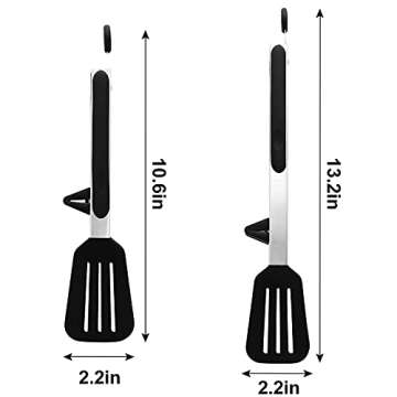 STARUBY Kitchen Tongs 9 inches and 12 inches Fish Spatula Stainless Steel Locking with Silicone Tips Cooking Salad Buffet BBQ Serving Tongs Heat Resistant Meat Turner Spatula Tongs, Black