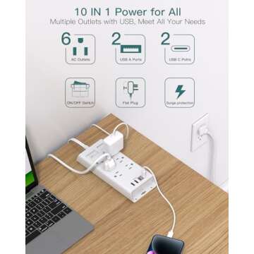 Surge Protector Power Strip, Addtam Flat Plug Extension Cord with 6 Outlet 4 USB Ports (2 USB C), 5FT Outlet Extender Strip for Home Office College Dorm Room Essentials