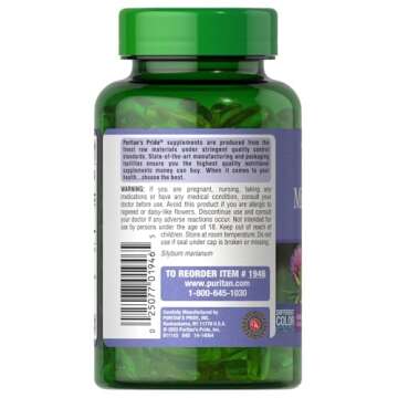 Puritan's Pride Milk Thistle Silymarin 4:1 Concentration Extract 200mg (1000 Mg Equivalent) Dietary Supplement for Liver Support, 6 Month Supply, 180 Count