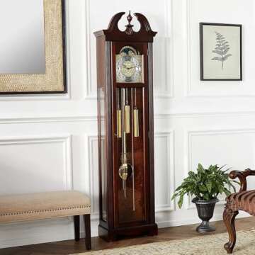 Howard Miller Princeton Grandfather Clock, Swan Neck Pediment Illuminated Wooden Frame & Wood Finish, Analog Dial with Brass-Finished & Arabic Numerals Perfect Floor Clock for Home & Living Room