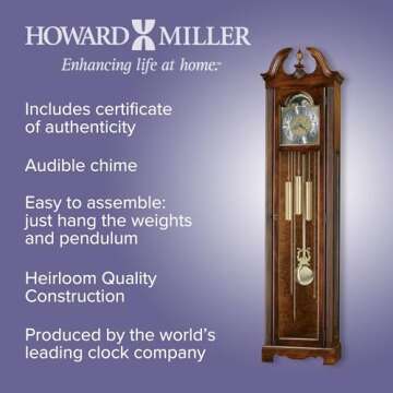 Howard Miller Princeton Grandfather Clock, Swan Neck Pediment Illuminated Wooden Frame & Wood Finish, Analog Dial with Brass-Finished & Arabic Numerals Perfect Floor Clock for Home & Living Room