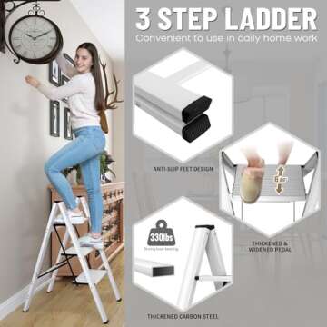 DOFIMATE 3 Step Ladder,Step Ladder 3 Step Folding,3 Step Ladder Folding Step Stools with Wide Anti-Slip Pedal,Kitchen Ladder 330lbs Capacity