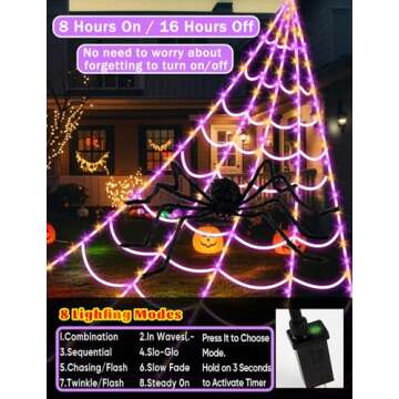 Giant Spider Webs Halloween Decorations - Outdoor Halloween Decor Lights with 250 LEDs,16.4FT Net,4Ft Spider, 8 Modes,Waterproof & Timer for Yard Porch Garden,Outside Costumes Party (with Spider)