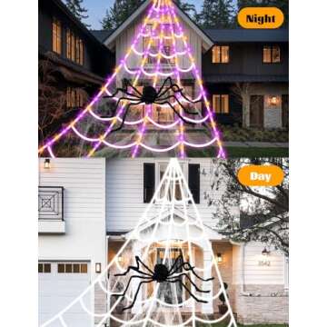 Giant Spider Webs Halloween Decorations - Outdoor Halloween Decor Lights with 250 LEDs,16.4FT Net,4Ft Spider, 8 Modes,Waterproof & Timer for Yard Porch Garden,Outside Costumes Party (with Spider)