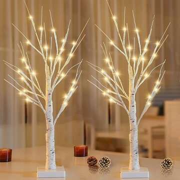 2-Pack 2FT Lighted Birch Tree with Timer for Christmas Decorations, Artificial Tree Christmas Decor Birch Tree with 48 LED Warm White Lights, Tabletop Centerpiece Tree for Xmas Home Wedding Decor