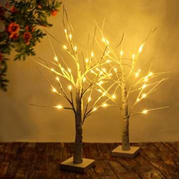 2-Pack 2FT Lighted Birch Tree with Timer for Christmas Decorations, Artificial Tree Christmas Decor Birch Tree with 48 LED Warm White Lights, Tabletop Centerpiece Tree for Xmas Home Wedding Decor