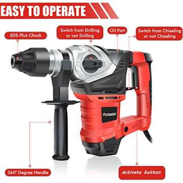 AOBEN Rotary Hammer Drill with Vibration Control and Safety Clutch,13 Amp Heavy Duty 1-1/4 Inch SDS-Plus Demolition Hammer for Concrete-Including 3 Drill Bits,Flat/Point Chisels.