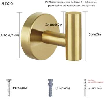 Towel Hooks Bathroom Coat Hook Robe Hook Stainless Steel Heavy Duty Door Hanger Towel Robe Clothes Cabinet Closet Sponges Wall Hook for Bathroom Bedroom Kitchen Hotel Pool 4 Packs (Gold)