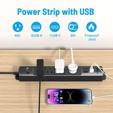 TROND Surge Protector Power Strip with USB, Ultra Thin Flat Plug 6ft Long Extension Cord 1625W, 3 USB A & 1 Type C, 4 AC Outlets 1440J Surge Protection Wall Mount for Home Office Dorm Room, Black