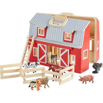 Melissa & Doug Wooden Fold and Go Barn with 7 Animal Figures