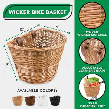 ProSource Wicker Bike Basket Front Cargo for Women and Men, Fits Most Bikes, Beach Cruiser, Stationary Bike, Ebike, Road Bike, Light Brown