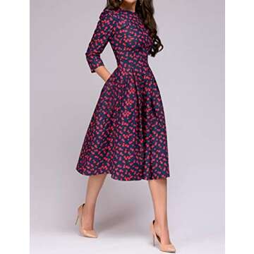 Vintage Floral Midi Evening Dress for Women Red S