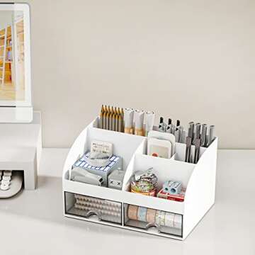 COMFYROOM Desk Organizer and Accessories with 6 Compartments and 2 Drawers, Plastic Makeup Organizer