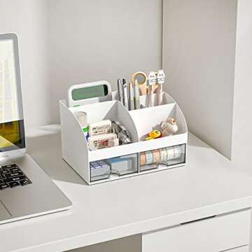 COMFYROOM Desk Organizer and Accessories with 6 Compartments and 2 Drawers, Plastic Makeup Organizer