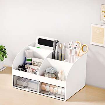 COMFYROOM Desk Organizer and Accessories with 6 Compartments and 2 Drawers, Plastic Makeup Organizer