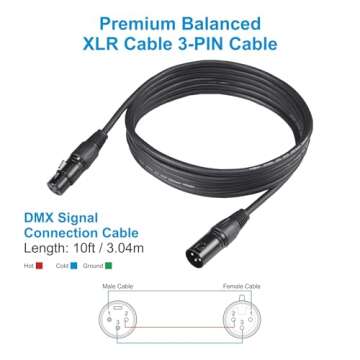 DMX Cable 10 ft, 4 Pack 3.04 m DMX Cable 3 Pin Signal XLR Male to Female DMX Cable Wire, with Metal Connectors for Signal Transmission for DJ Lighting Equipment and Stage Lighting