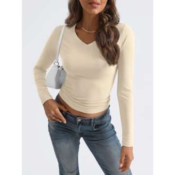 Trendy Queen Long Sleeve Shirts for Women 2024 Fall Fashion V Neck Basics Crop Tops Layering Slim Fitted Y2K Tops Apricot XS