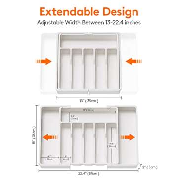 Lifewit Silverware Drawer Organizer, Expandable Utensil Tray for Kitchen, BPA Free Flatware and Cutlery Holder, Adjustable Plastic Storage for Spoons Forks Knives, Large, White