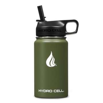 HYDRO CELL Stainless Steel Insulated Water Bottle with Straw - For Cold & Hot Drinks - Metal Vacuum Flask with Screw Cap and Modern Leakproof Sport Thermos for Kids & Adults (Army 14oz)