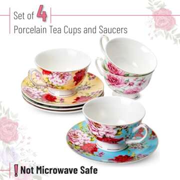 BTaT- Floral Tea Cups and Saucers, Set of 4 (8oz) with Gold Trim and Gift Box, Cappuccino Cups, Latte Cups, Tea Set for Adults, Porcelain Tea Cups, Tea Cups for Tea Party, Rose Teacups, China Tea Cups