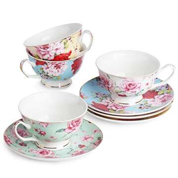 BTaT- Floral Tea Cups and Saucers, Set of 4 (8oz) with Gold Trim and Gift Box, Cappuccino Cups, Latte Cups, Tea Set for Adults, Porcelain Tea Cups, Tea Cups for Tea Party, Rose Teacups, China Tea Cups