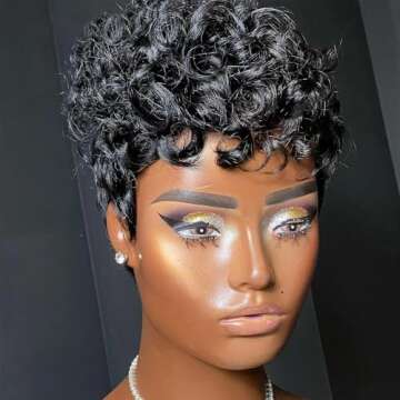 StarsTears Curly Pixie Cut Wig Short Bob Wig for Black Women Hair Wig Glueless None Lace Front Wig Layered Full Machine Made Wig 1B color