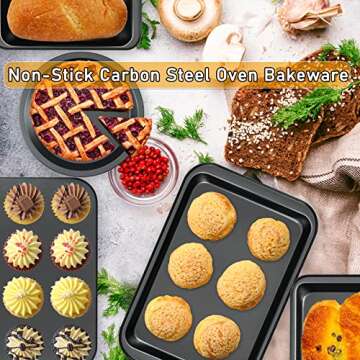 Baking Pans Nonstick Set, 5-Piece Bakeware Sets with Round/Square Cake Pan, Muffin Pan, Loaf Pan, Roast Pan, Baking Sheets for Oven, mobzio Kitchen Cookware Sets Baking Supplies