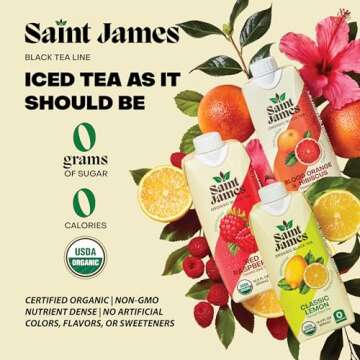 Saint James Iced Tea - Organic Black Tea - Non GMO, Gluten Free, Zero Calorie & Zero Sugar - Variety Black Tea Flavors, 12 Pack (16.9 fl oz each)