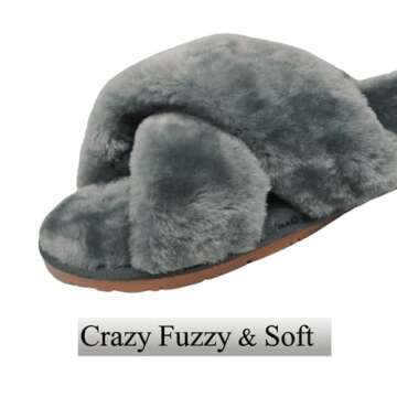 Crazy Lady Women's Fuzzy Fluffy House Slippers Cute Plush Memory Foam Shoes Cross Band Indoor Outdoor Open Toe Sandals(06/Grey, 4.5-5)