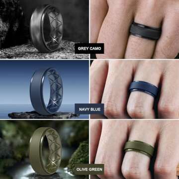 Egnaro Inner Arc Ergonomic Breathable Design, Silicone Rings Mens with Half Sizes, 7 Rings / 4 Rings / 1 Ring Rubber Wedding Bands, 8.5mm Wide-2mm Thick